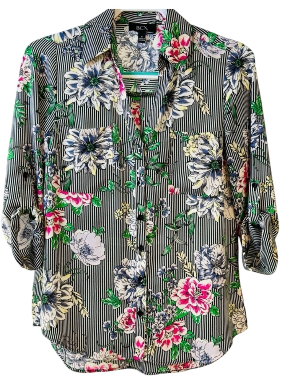 BCC 3/4‎ Roll Tab Semi-Sheer, Lightweight Striped & Floral Button Up Blouse Sz S
